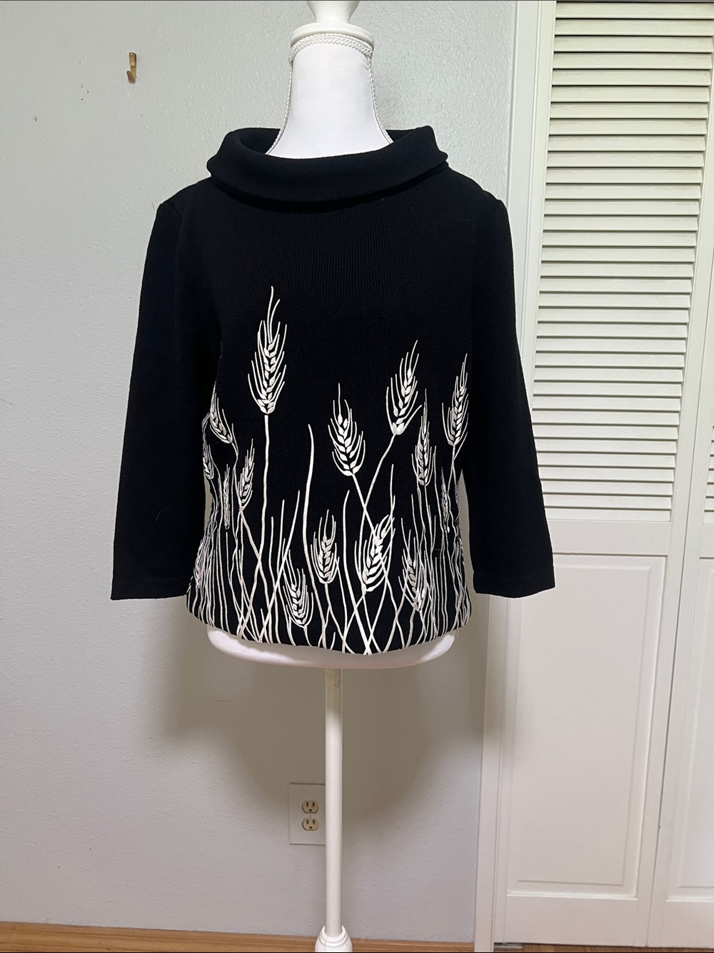 St. John Black Cowlneck Sweater Small | White Wheat Print | Designer Knit